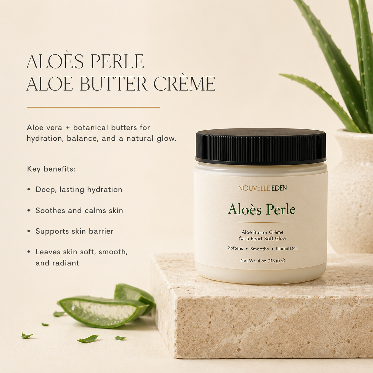 Aloe vera butter crème jar with aloe leaves on a neutral background