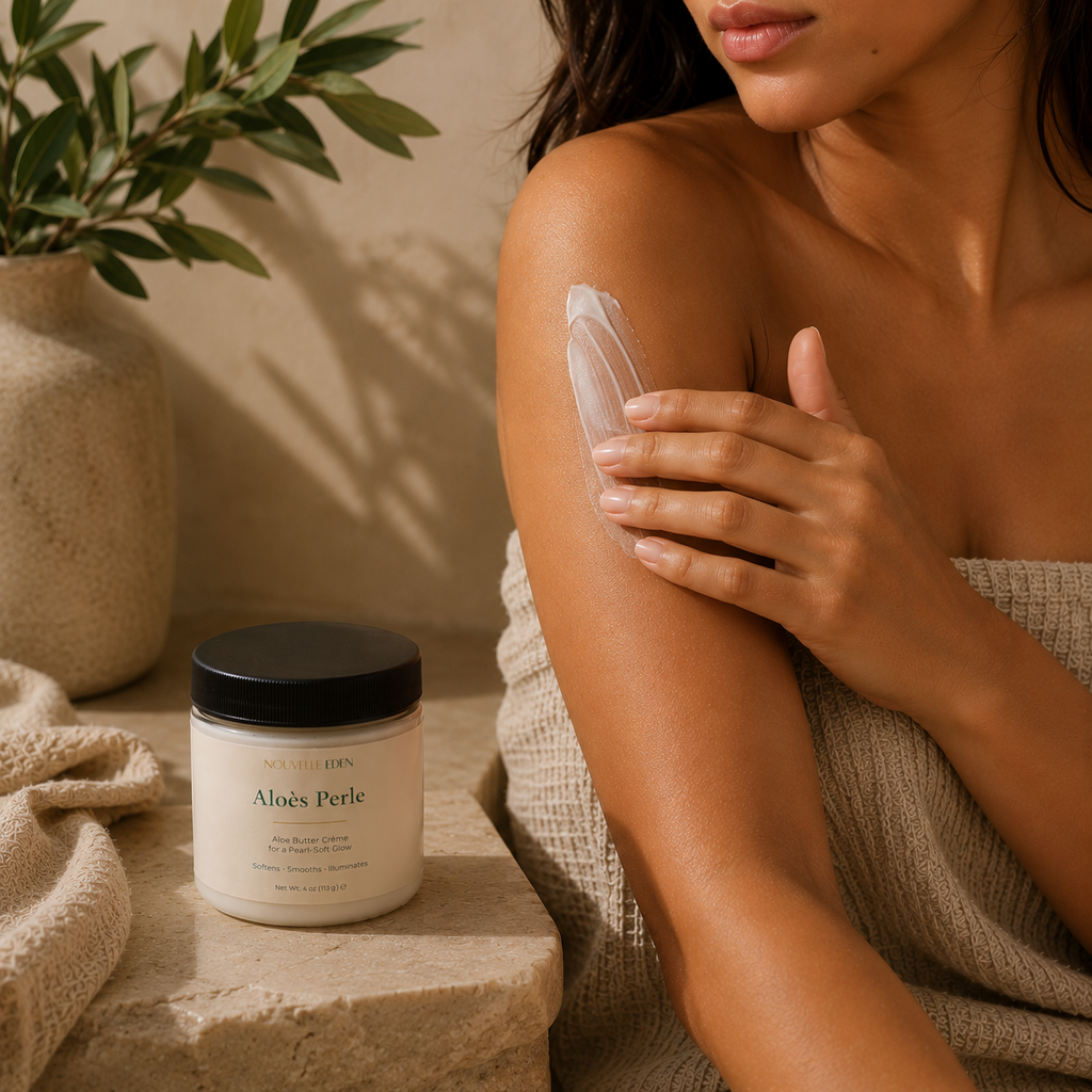 Woman applying aloe vera cream to her arm with a jar of the product next to her.
