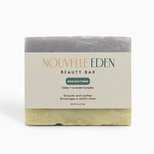 Nouvelle Eden beauty bar with packaging on a white background