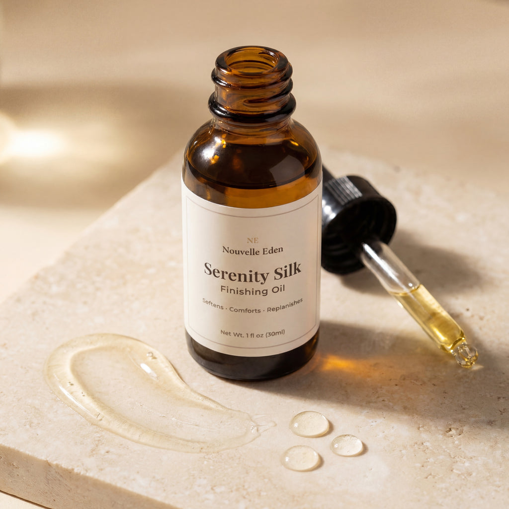 Serenity Silk finishing oil bottle with dropper on a beige surface