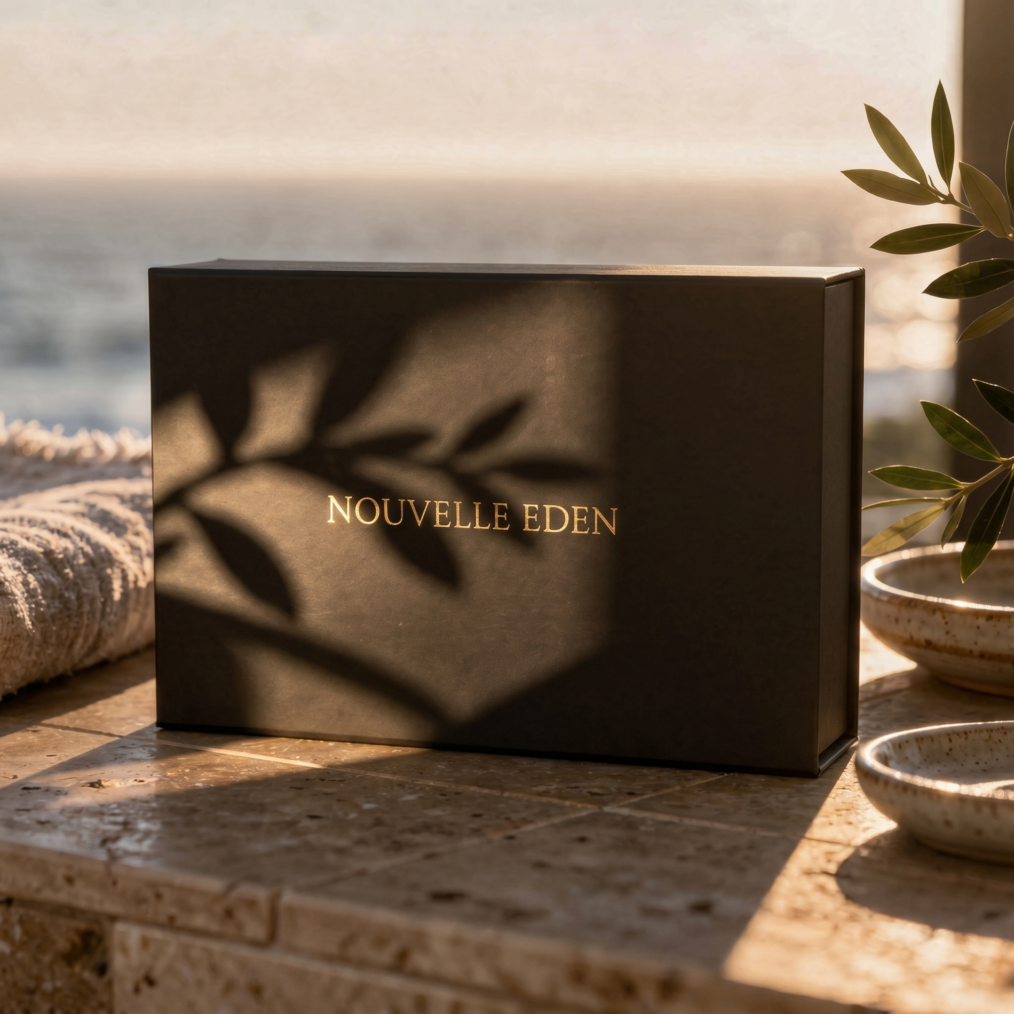 Nouvelle Eden box on a stone surface with natural light and plants in the background