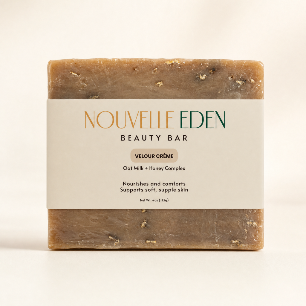 Nouvelle Eden beauty bar with a white label on a beige background
