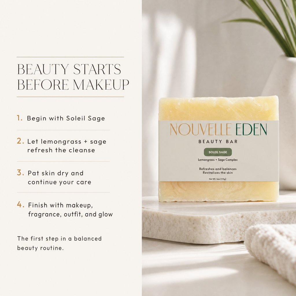 Nouvelle Eden beauty bar on a white surface with text about skincare routine.