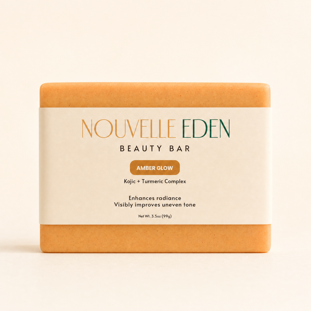 Nouvelle Eden beauty bar with amber glow on a beige background