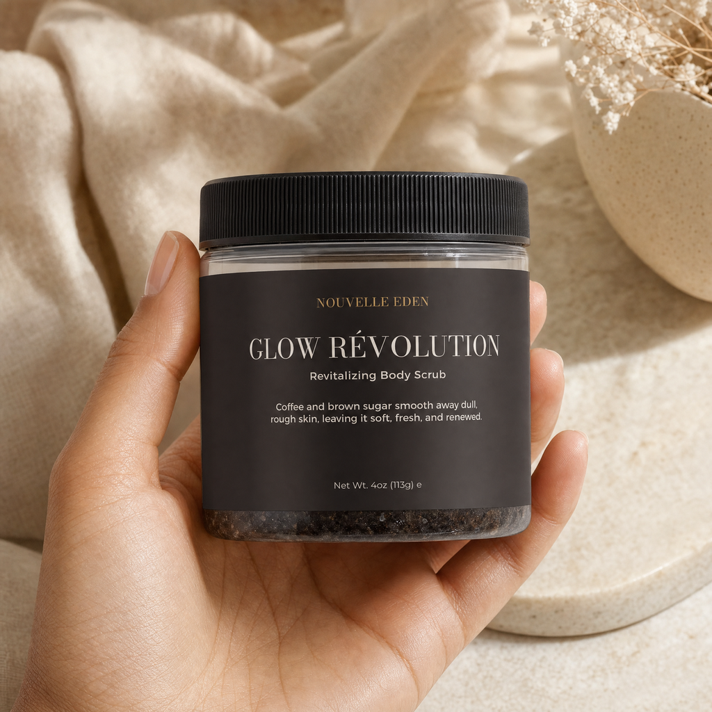 A hand holds a clear jar of Nouvelle Eden Glow Révolution Revitalizing Body Scrub, showing the black label and black lid. The background features a draped beige fabric and a ceramic dish.