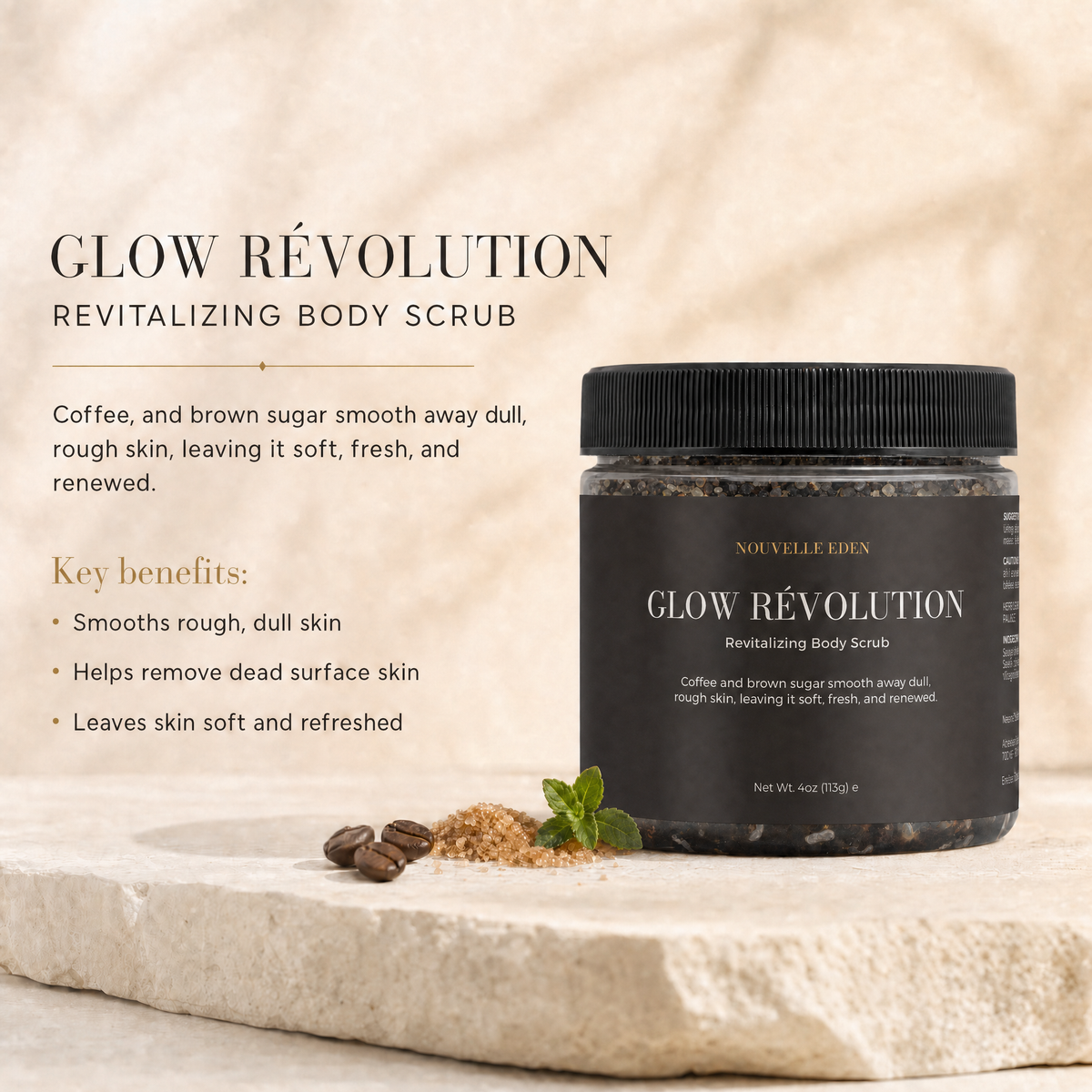 A jar of Nouvelle Eden Glow Révolution Revitalizing Body Scrub displayed on a stone slab with coffee beans and sugar, next to product text detailing its benefits.